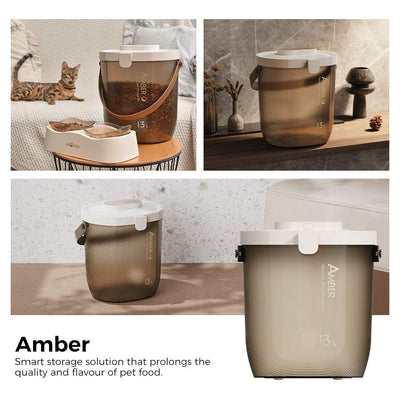 AMBER Vacuum Seal Pet Food Storage Bin with automatic vacuum pump, 13L capacity, and detachable features.