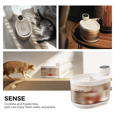 SENSE Wireless Pet Water Fountain with cordless, noise-free design and LED control panel.